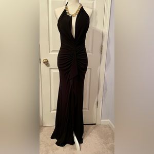 Long formal, high split, ruffle rouched, low v back- dress, Versatile cleveage